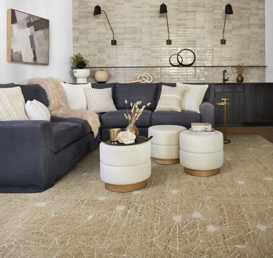 Living room with gray and tan palette featuring FLOR Skyfall shown in Eggnog